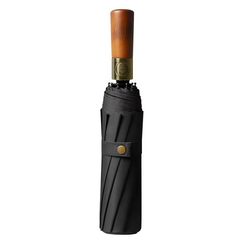 Paraguas automático de 10 costillas y 3 pliegues, mango de madera maciza, protección UV con revestimiento negro
